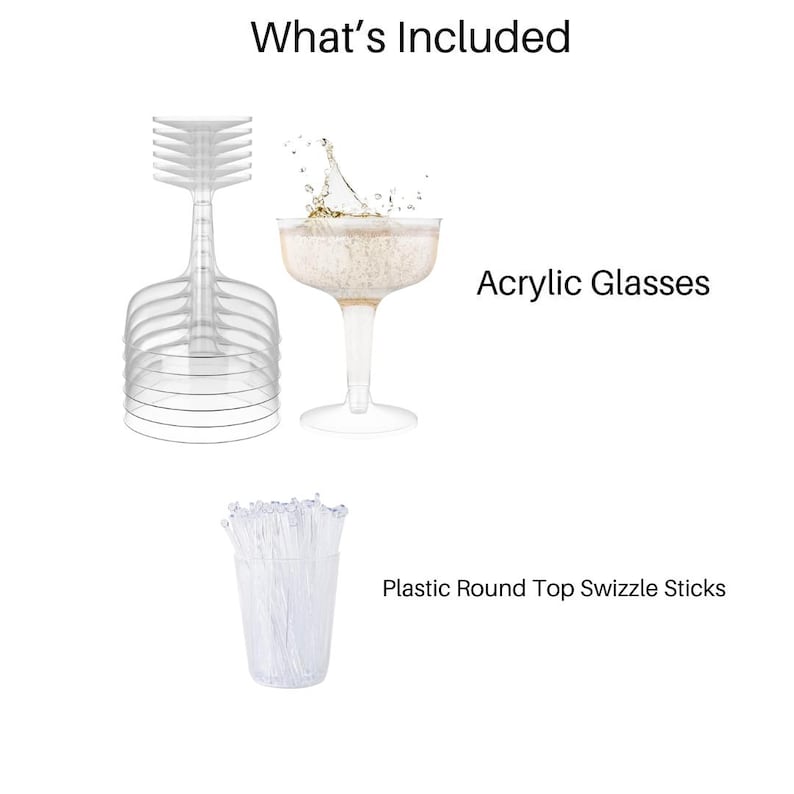 Set of acrylic champagne glasses with matching plastic swizzle sticks displayed together for party entertaining.