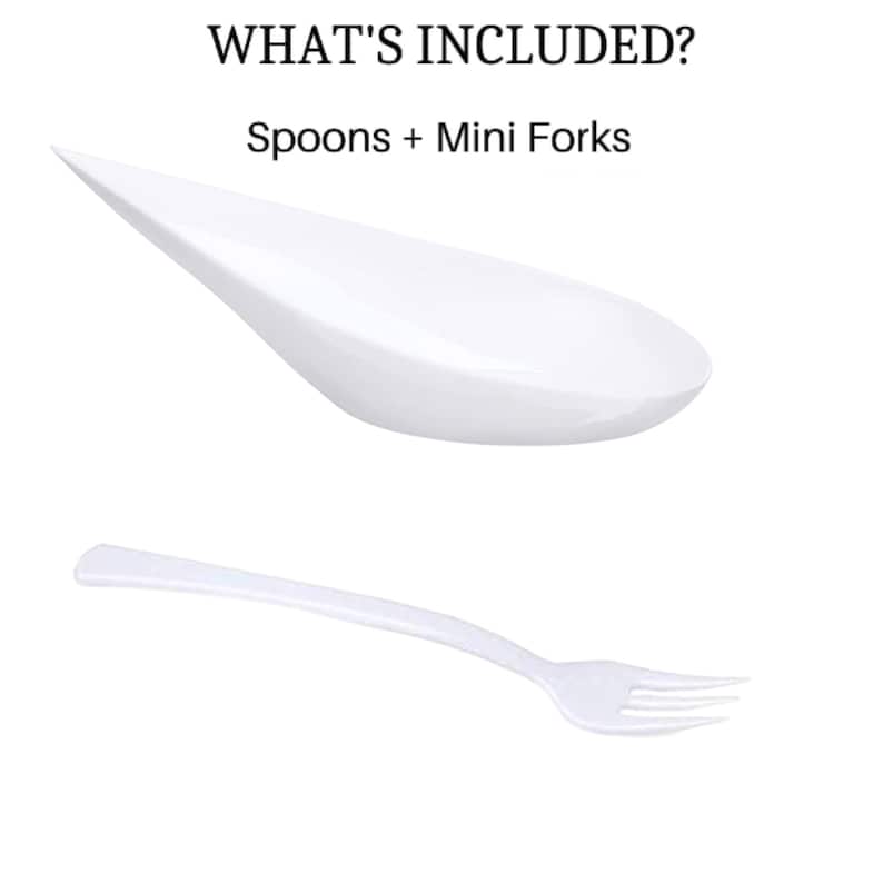 What’s included graphic showing a white Asian spoon and matching 4.25-inch mini fork.