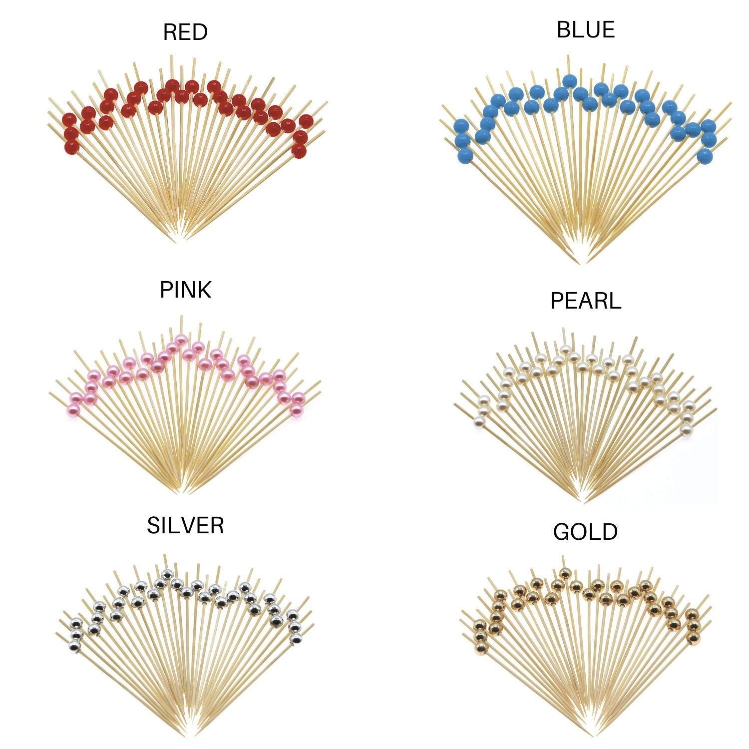 Chart displaying assorted fancy toothpick colors including red, blue, pink, pearl, silver and gold beads for party appetizers.