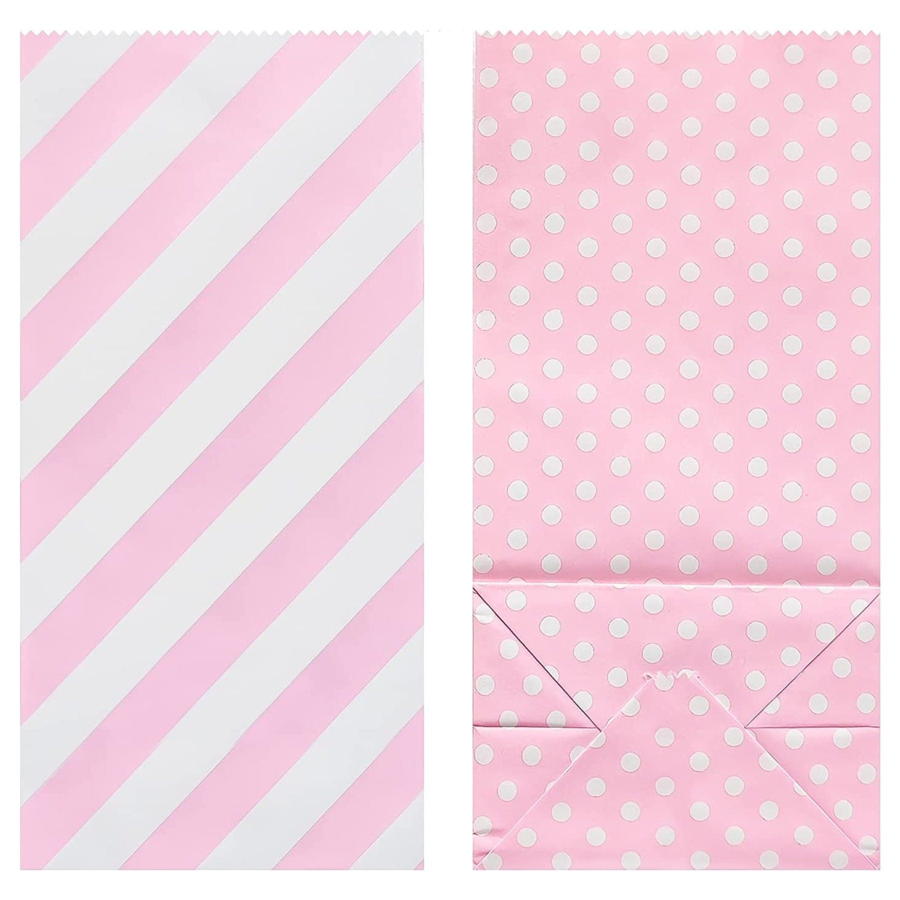 Side-by-side pink striped and pink polka dot paper treat bags