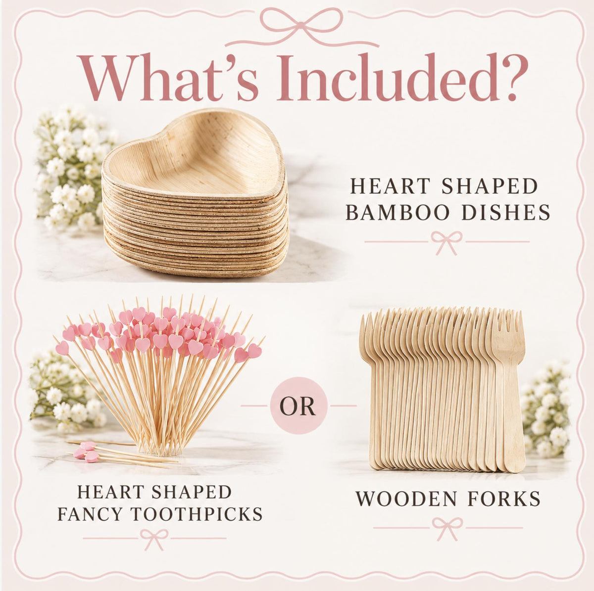 Heart Shaped Bamboo Plates with Pink Heart Toothpicks – Eco - Friendly Charcuterie Set of 25 - Pretty Party Boxx