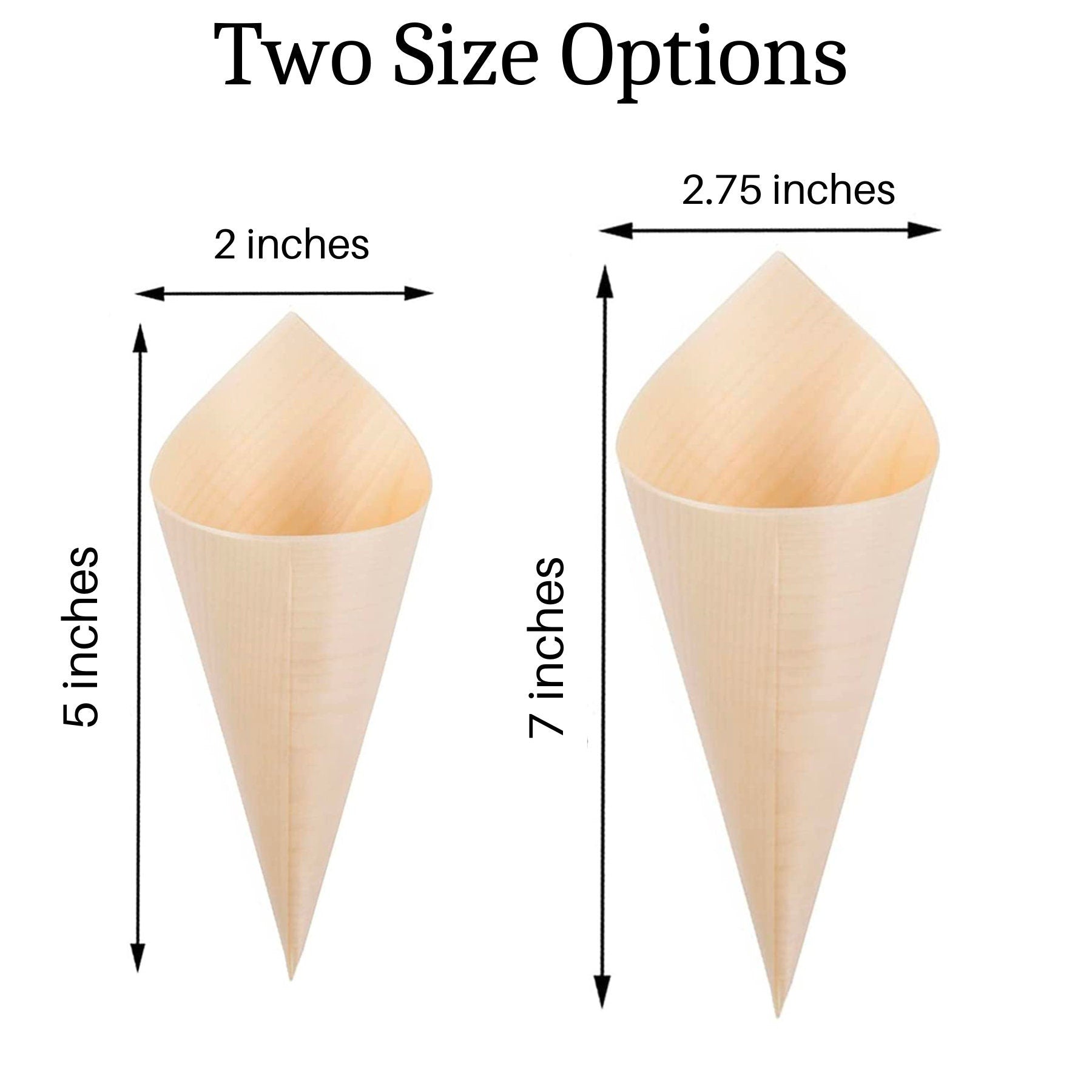 Two size options of bamboo appetizer cones, 5 inch and 7 inch tall