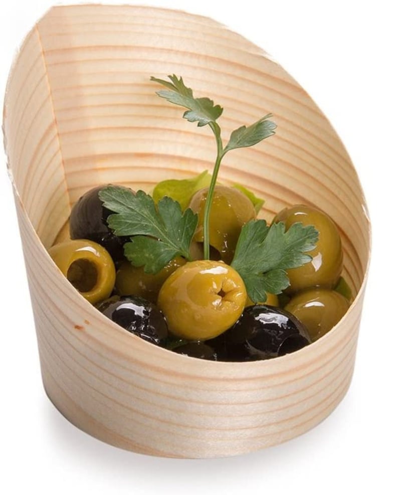 Bamboo serving cup with olives for charcuterie and grazing tables