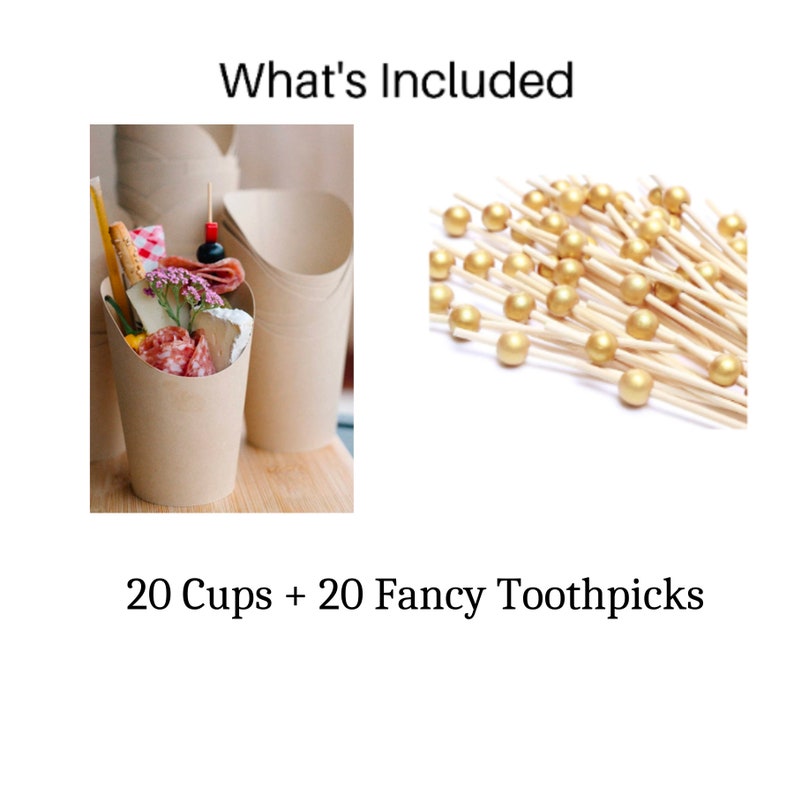 What’s included: 20 beige charcuterie cups and 20 gold fancy toothpicks.
