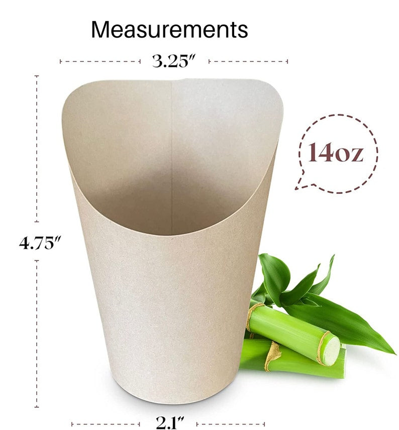 Size dimensions of beige charcuterie cup: 3.25" wide x 4.75" tall, 14 oz capacity.