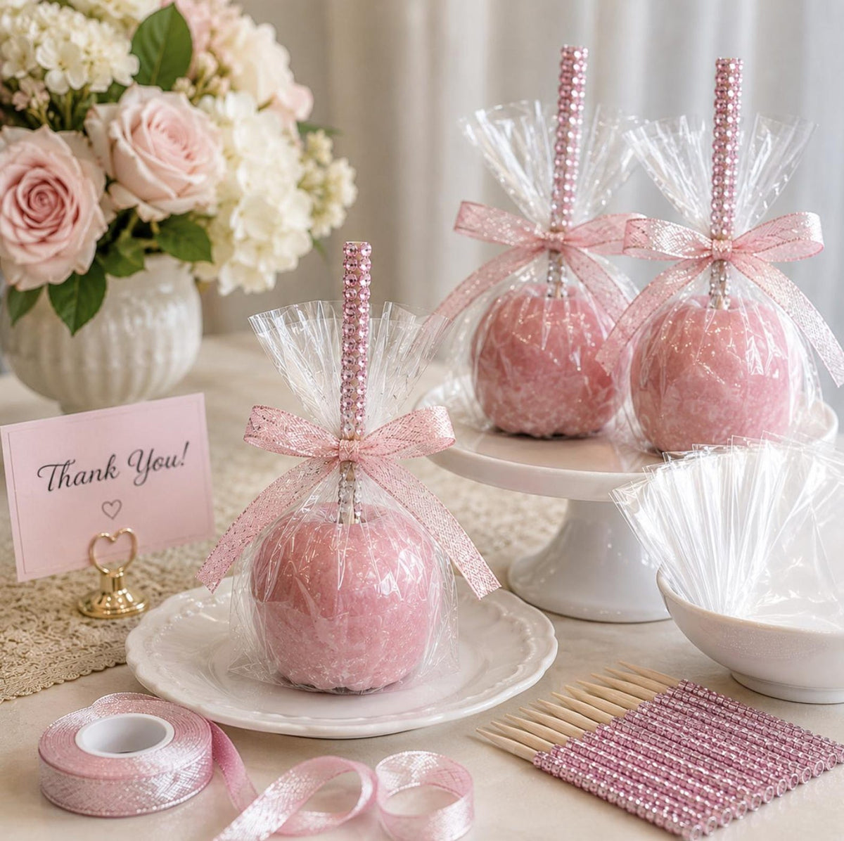 Bling candy apple sticks with silver ribbon and treat bags for party favors