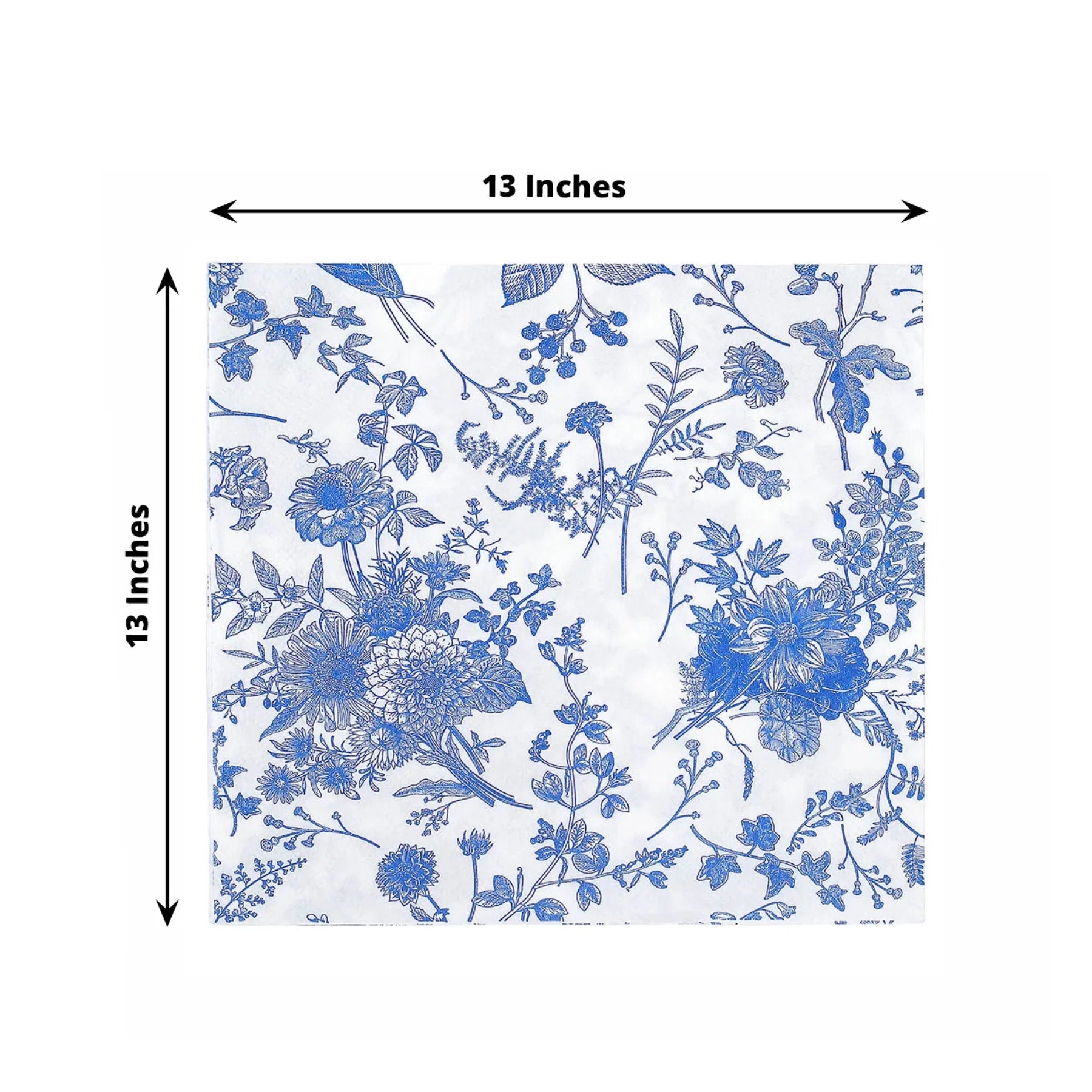 Blue chinoiserie napkin with floral print size chart.