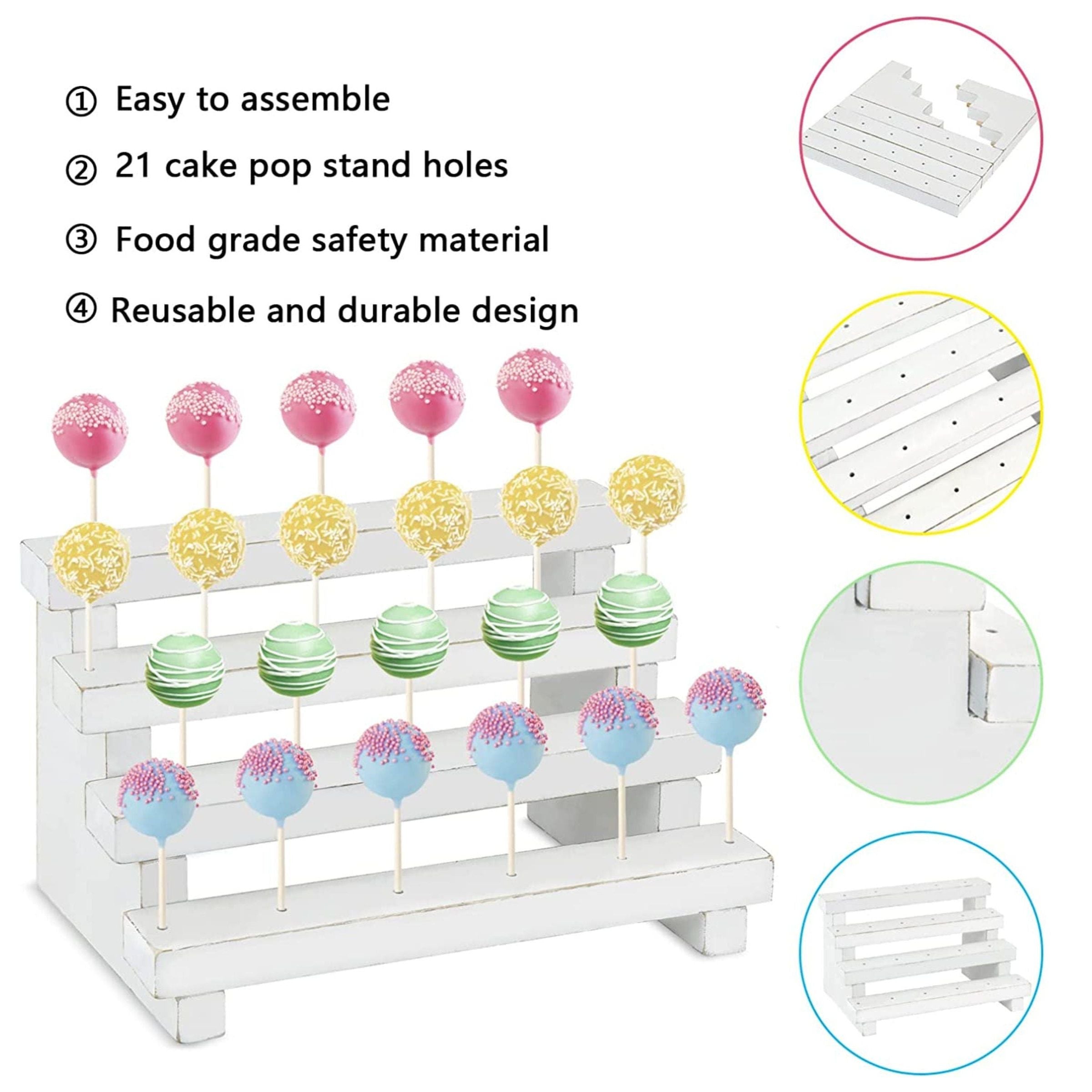 Assembled 3 tier cake pop stand with cake pops at a wedding.