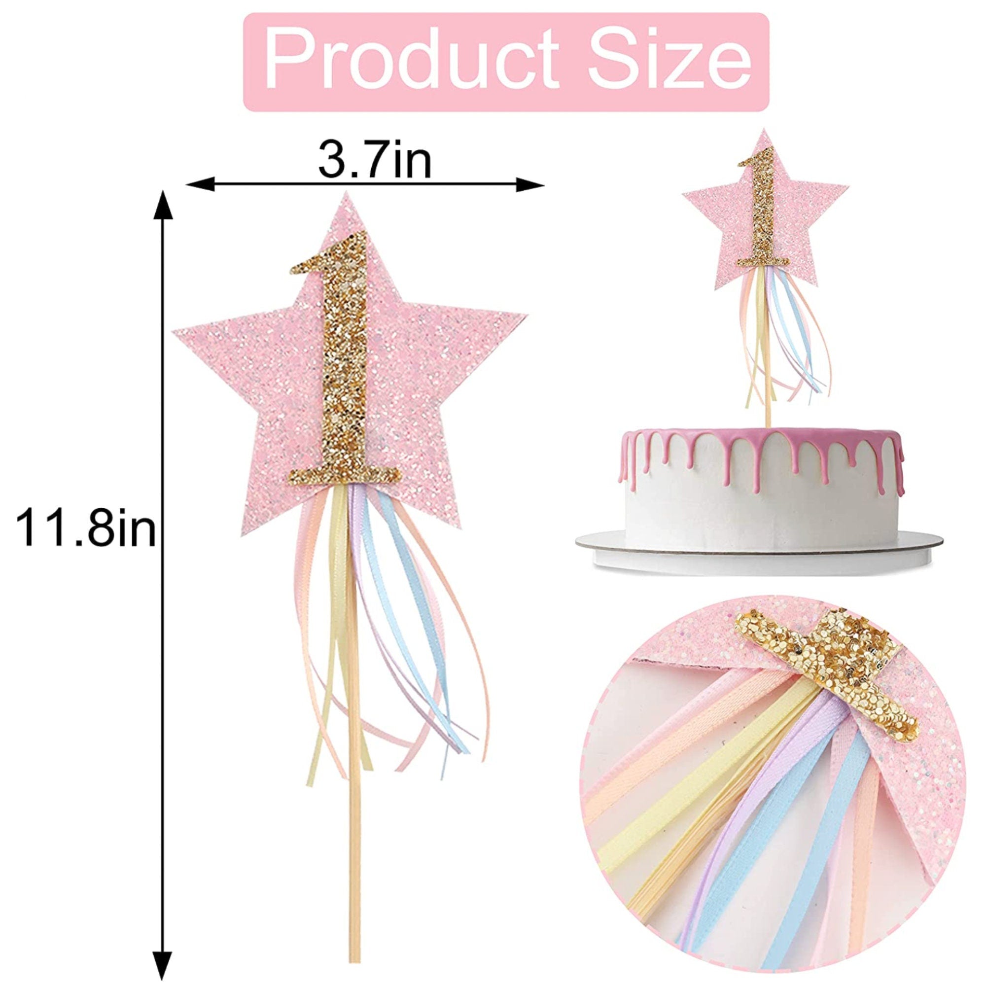 Star cake topper size specifications showing 3.7 inch width and 11.8 inch height dimensions