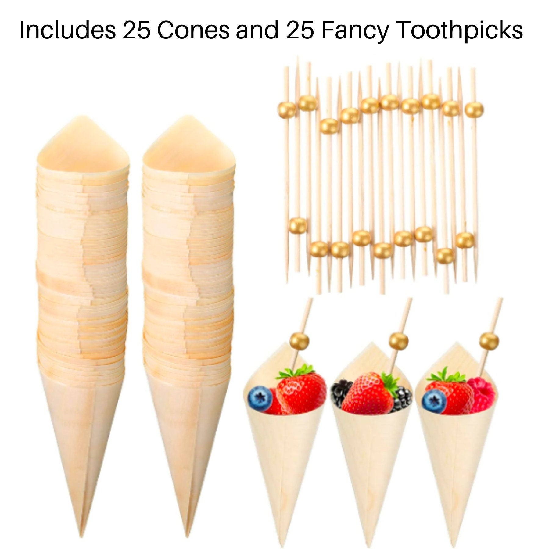 Set of 25 bamboo cones with 25 matching gold fancy toothpicks