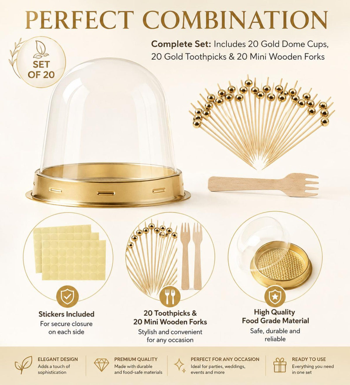 Charcuterie Domes with Mini Forks & Gold Toothpicks – Perfect for Weddings & Catering - Pretty Party Boxx