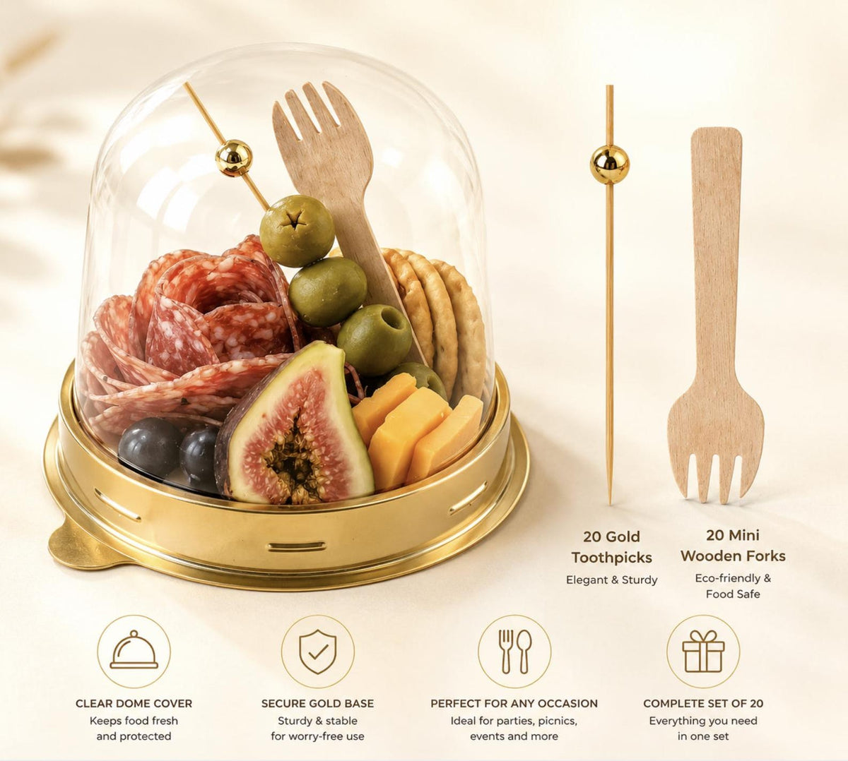 Charcuterie Domes with Mini Forks & Gold Toothpicks – Perfect for Weddings & Catering - Pretty Party Boxx