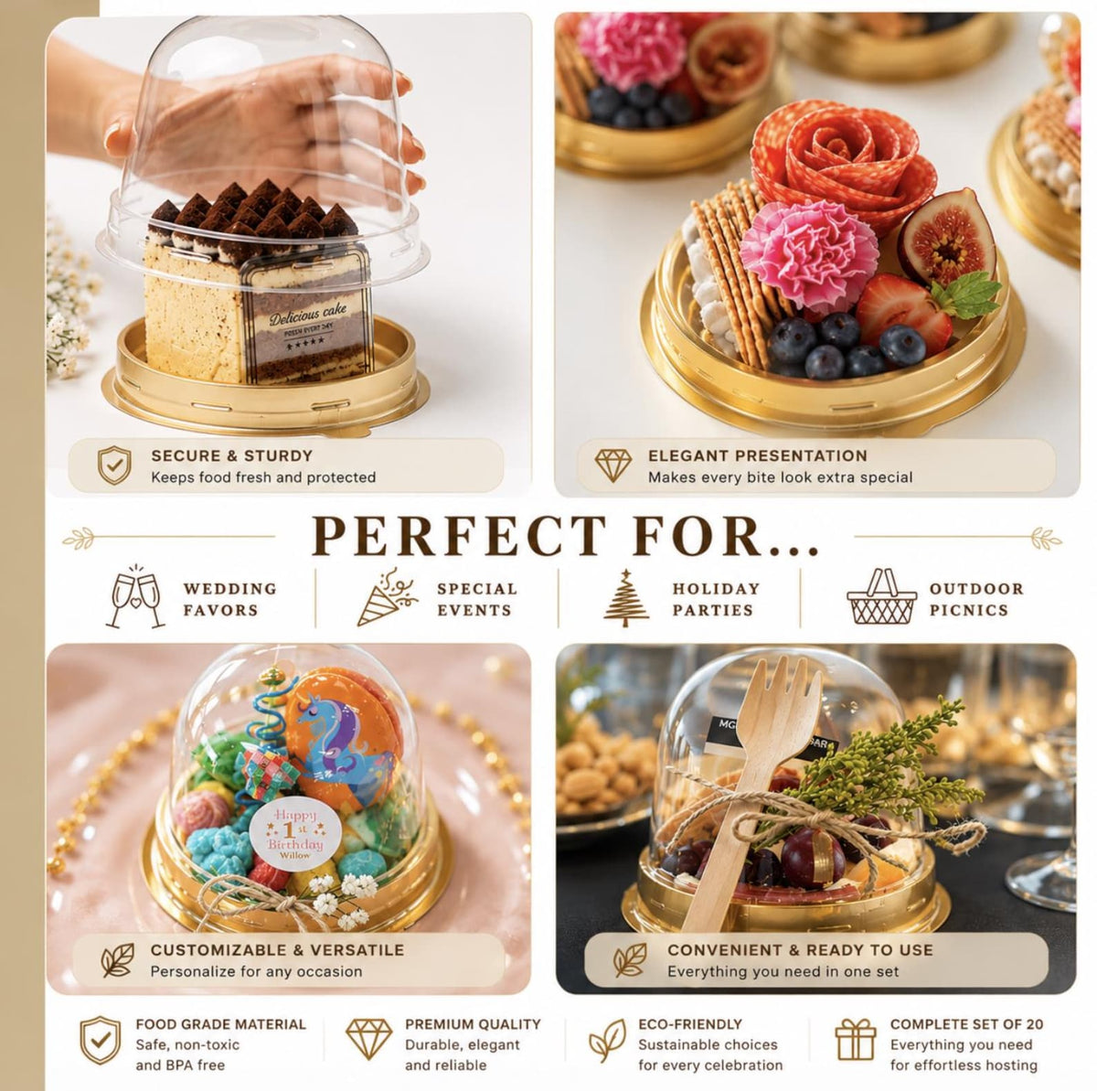 Charcuterie Domes with Mini Forks & Gold Toothpicks – Perfect for Weddings & Catering - Pretty Party Boxx