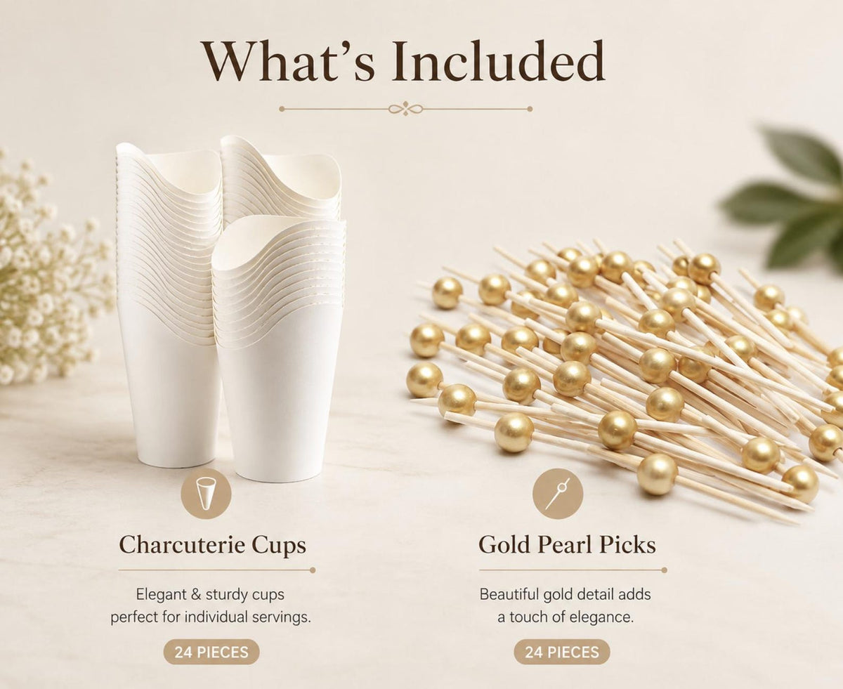 Charcuterie Favor Cups with Toothpicks Set – Elegant Snack Cups for Events, Parties & Weddings - Pretty Party Boxx