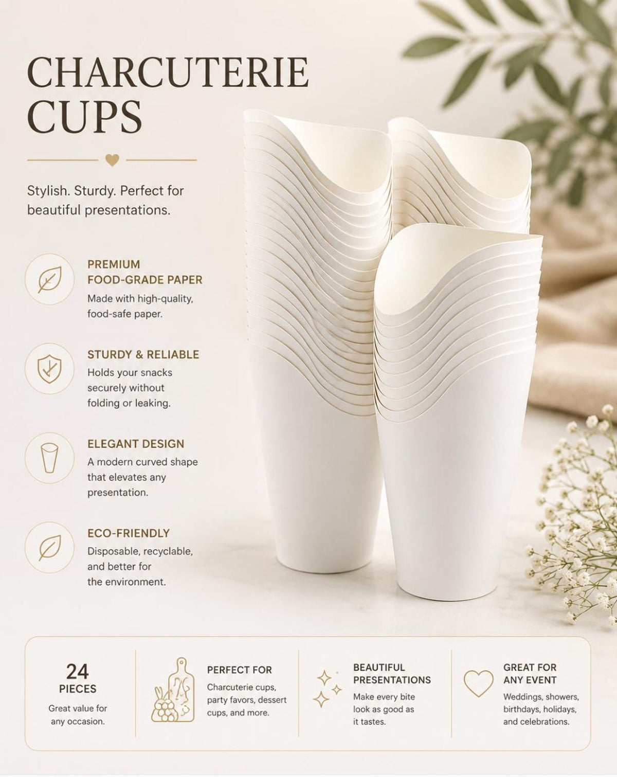 Charcuterie Favor Cups with Toothpicks Set – Elegant Snack Cups for Eveants, Parties & Weddings - Pretty Party Boxx