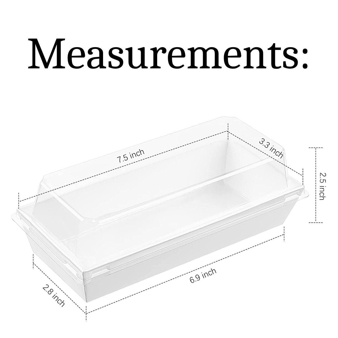 Clear lid measurements on rectangular grazing box for appetizers and desserts.
