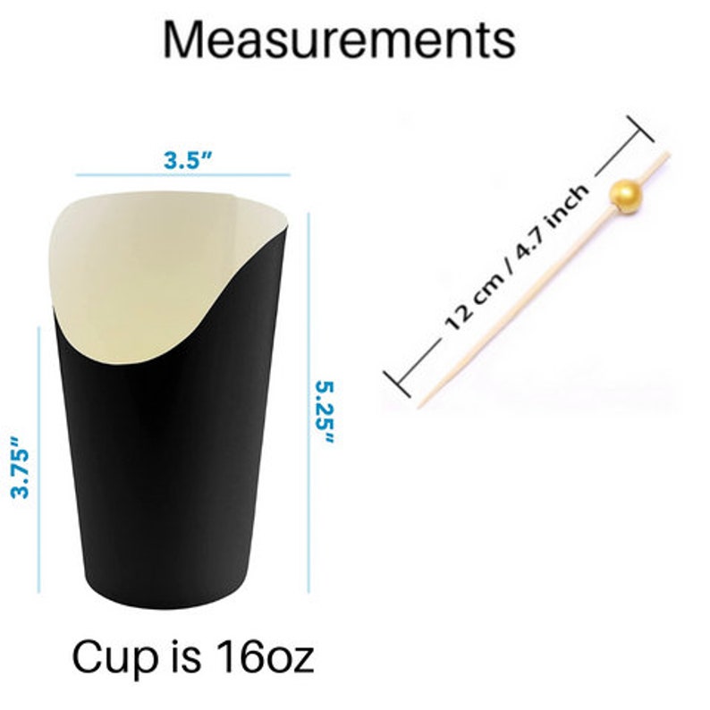 Measurement chart of 16oz black charcuterie cup with 3.5" width and 4.7" height.