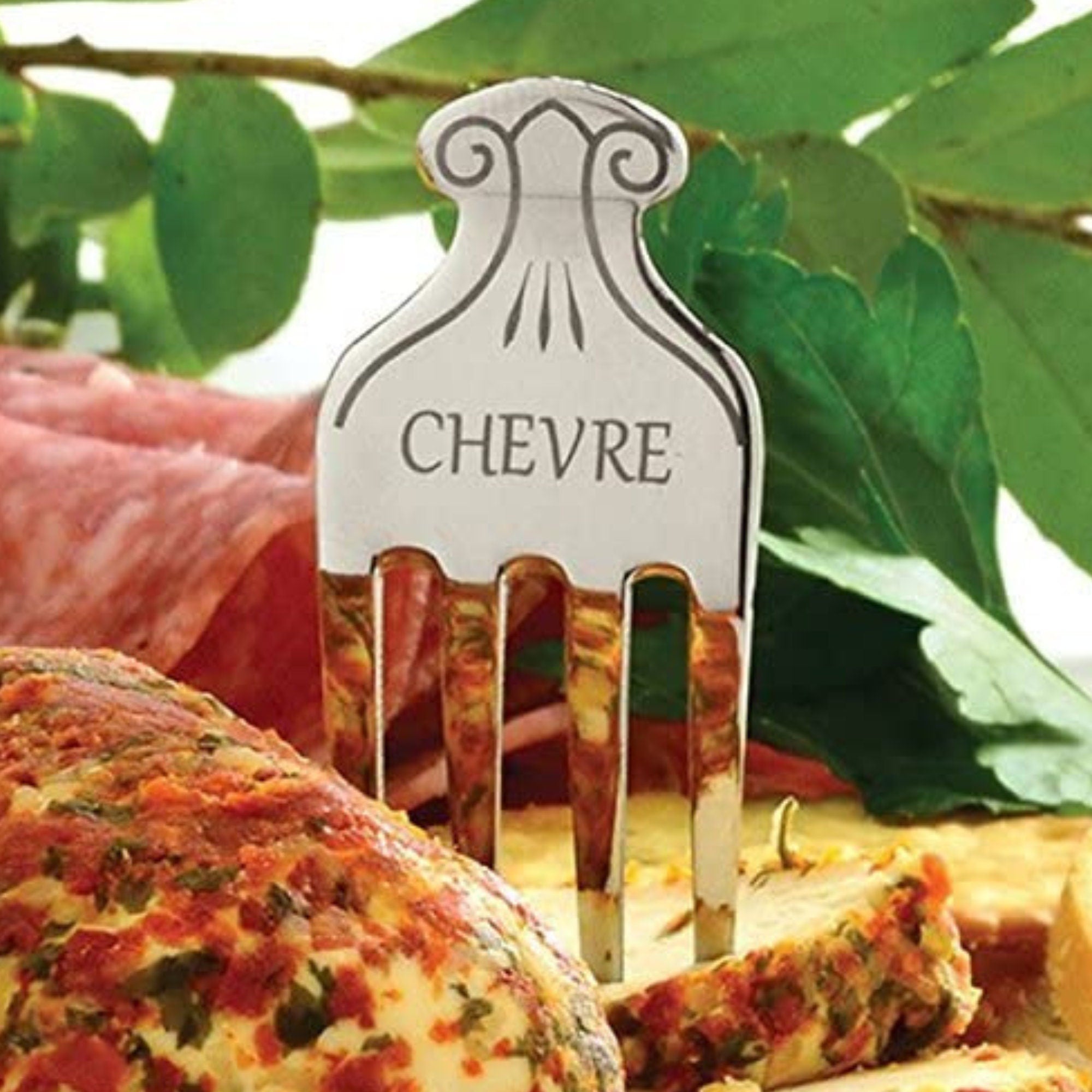 CHEVRE stainless steel cheese fork marker with goat cheese