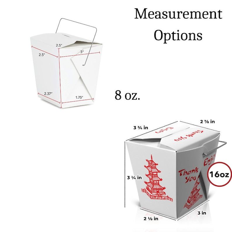 Measurement diagram for 8 oz and 16 oz Chinese take out boxes for parties and catering.