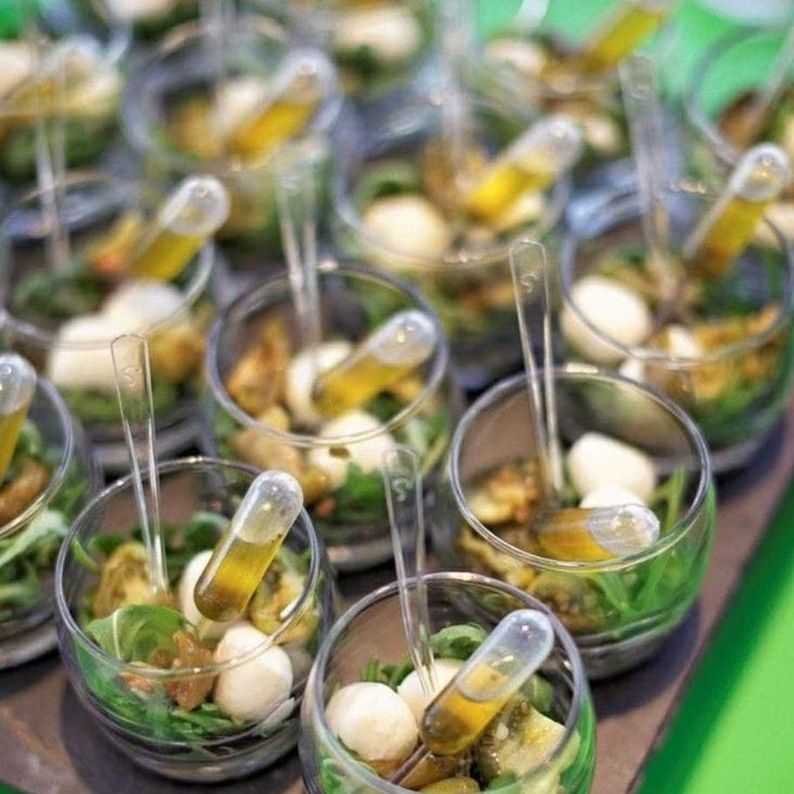 Acrylic sphere charcuterie cups with pipettes and forks for appetizers