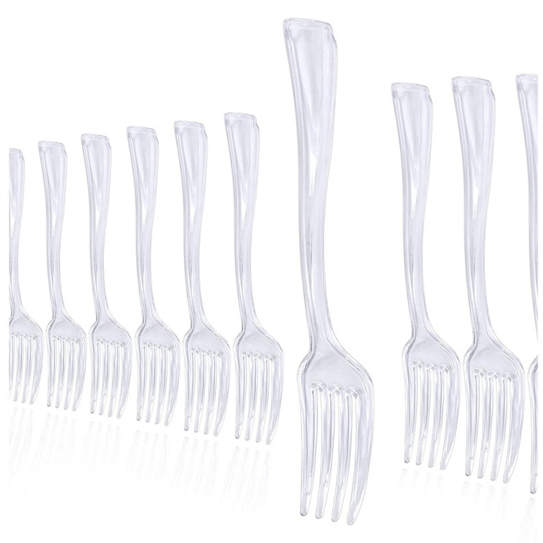 Set of small clear forks included with acrylic appetizer cups for serving charcuterie and desserts