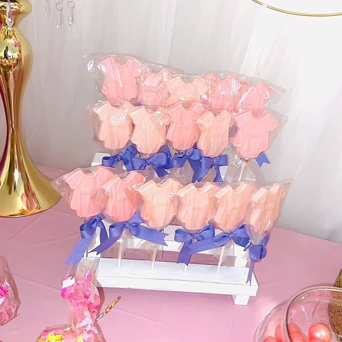Close-up of pinewood cake pop stand with 21 holes.