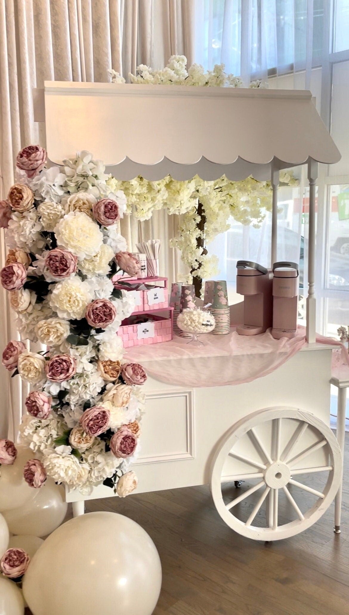 Coffee station dessert cart for a bridal shower event.