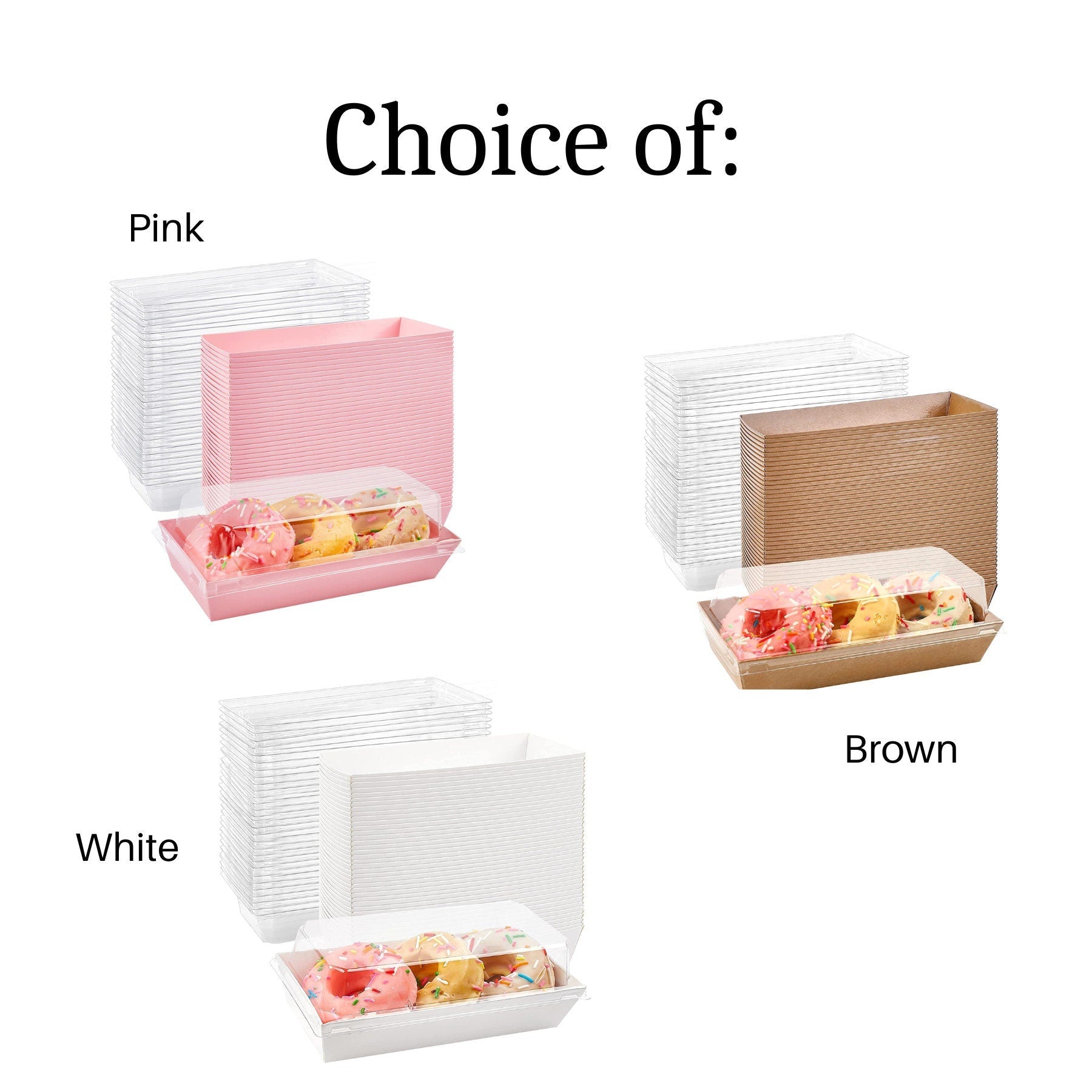 White, brown, and pink disposable charcuterie boxes with clear lids.