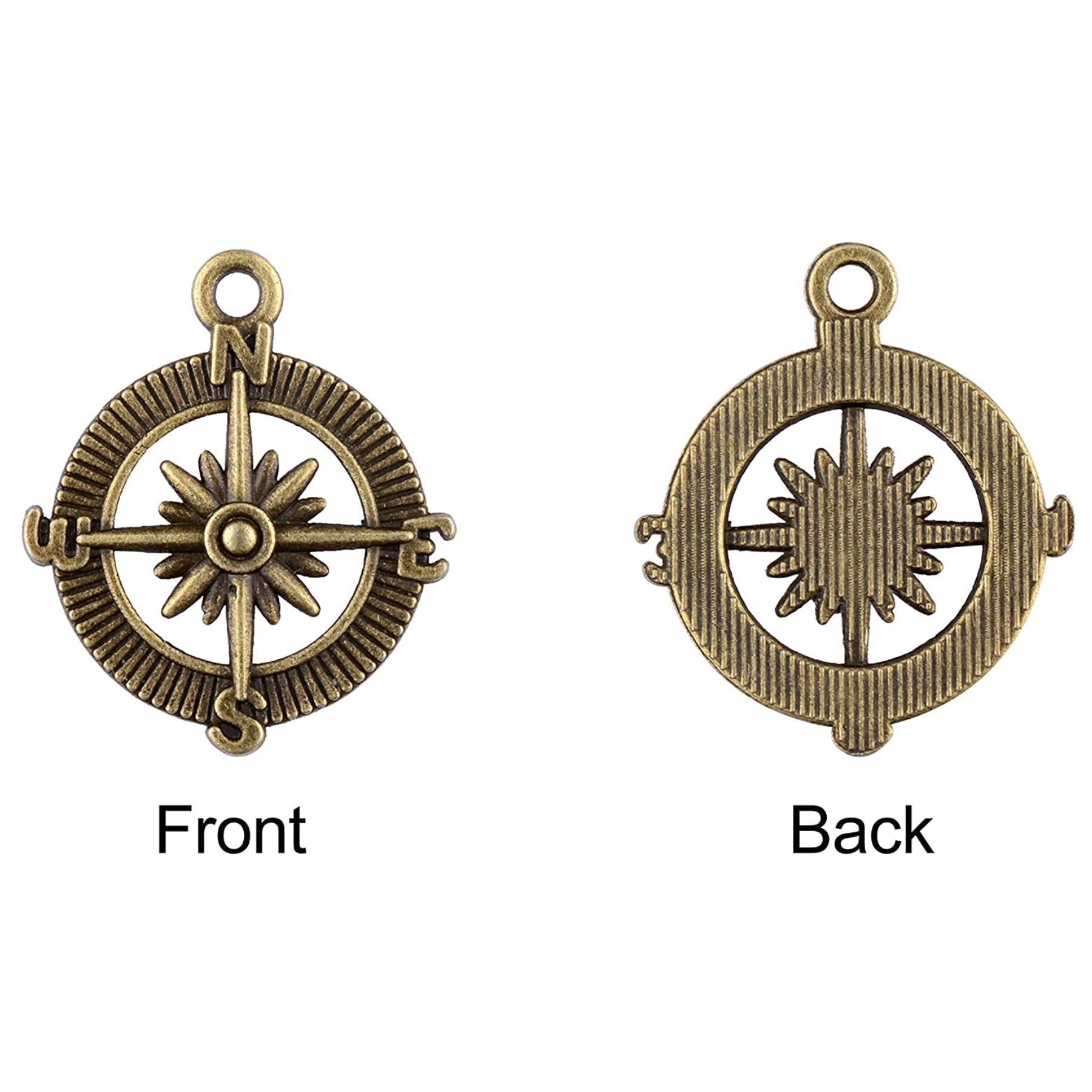 Antique-style compass charm shown front and back for suitcase favor box.