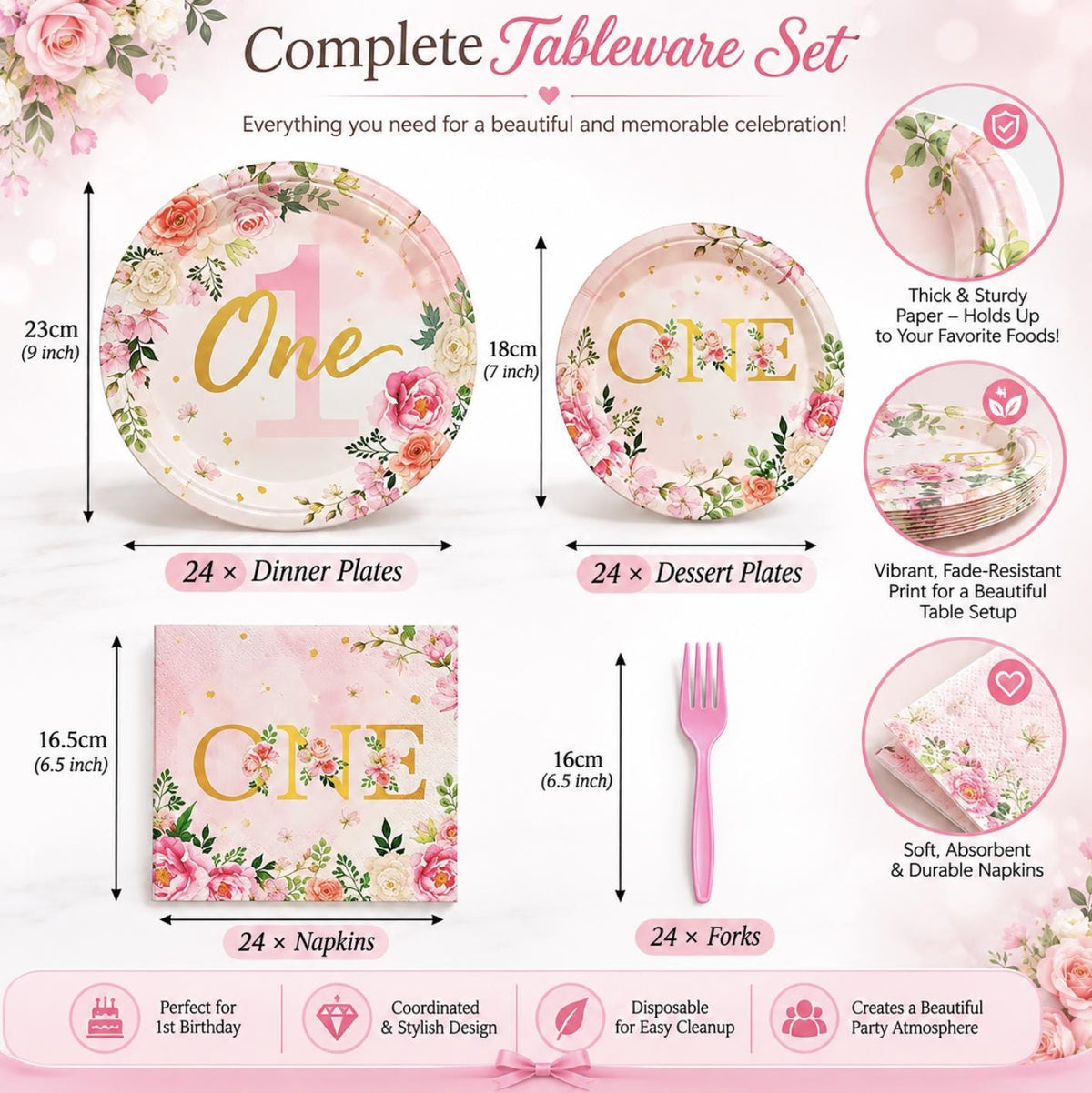 Pink and Gold Baby Girl 1st Birthday Party 24 Set - Complete First Birthday Party Decor - Pretty Party Boxx