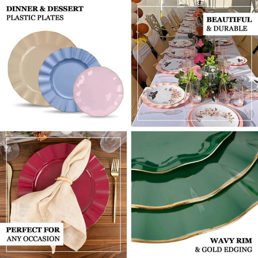 Ruffled Gold Rim Disposable Dinner Dessert Plates – 10-Pack Elegant Plastic Tableware