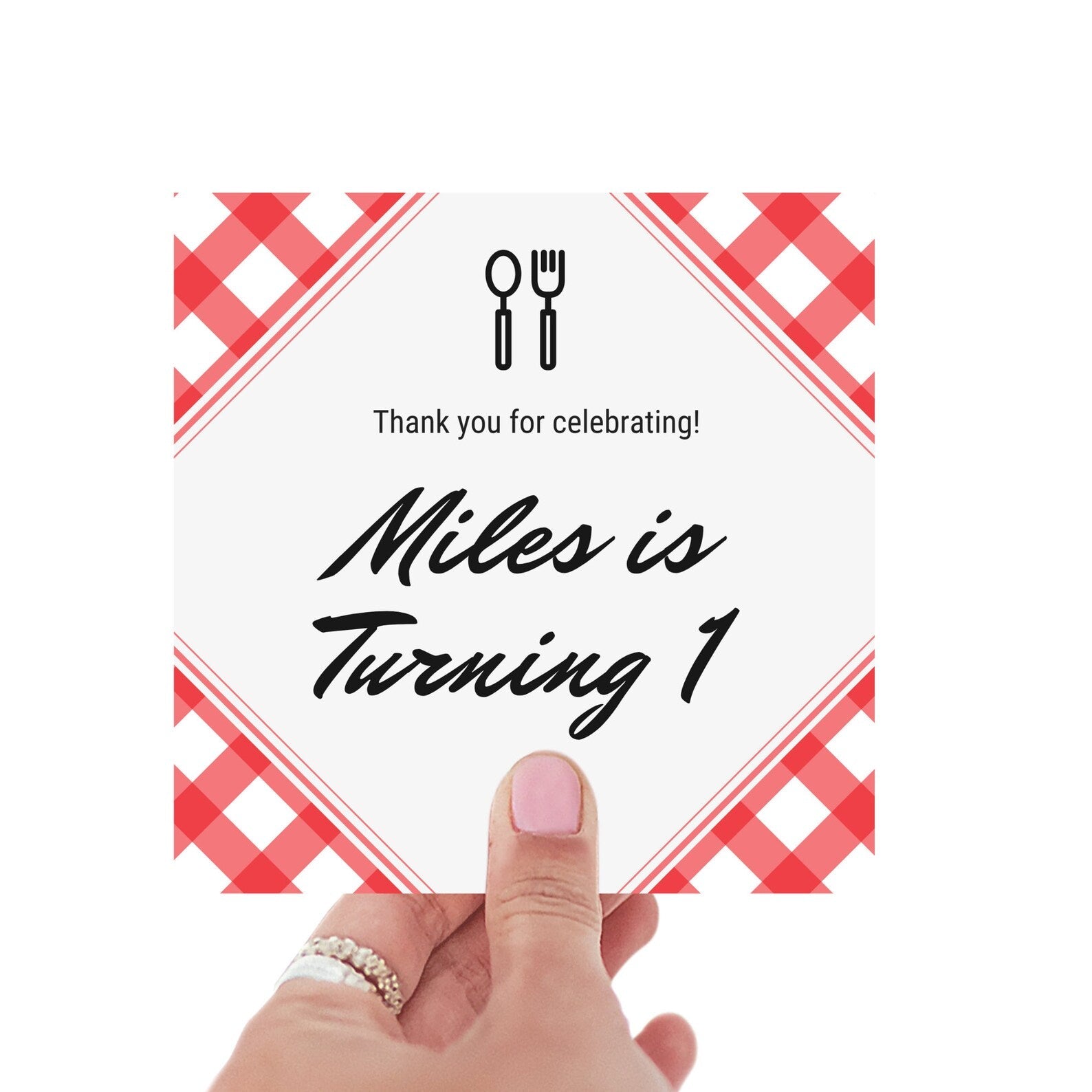 Personalized square sticker for mini pizza box with red gingham background