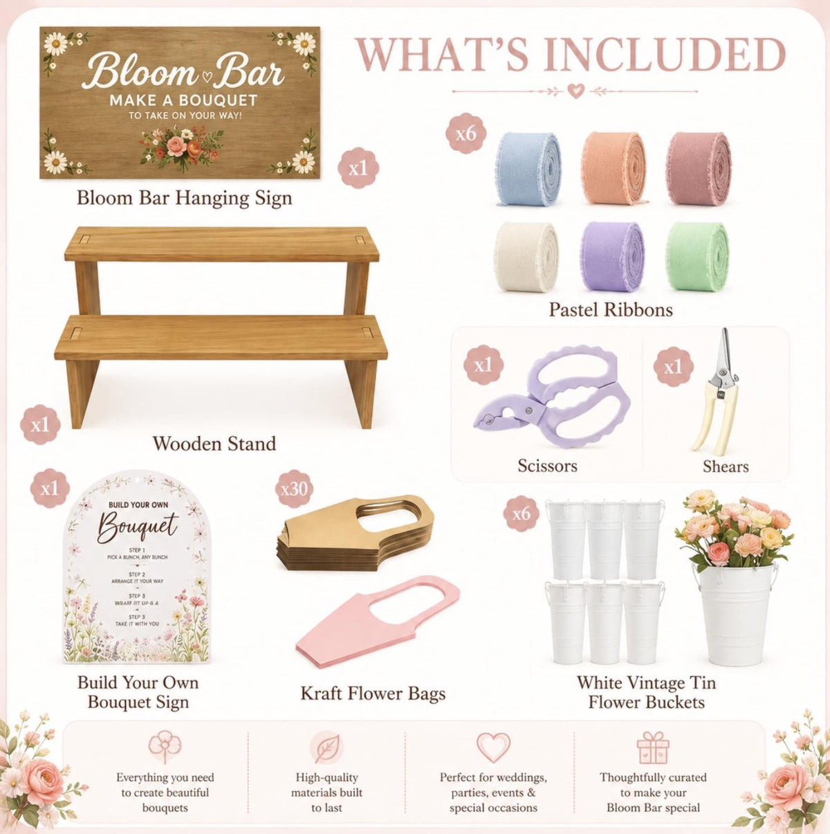 DIY Flower Bar Kit – White Tin Bouquet Station - Pretty Party Boxx