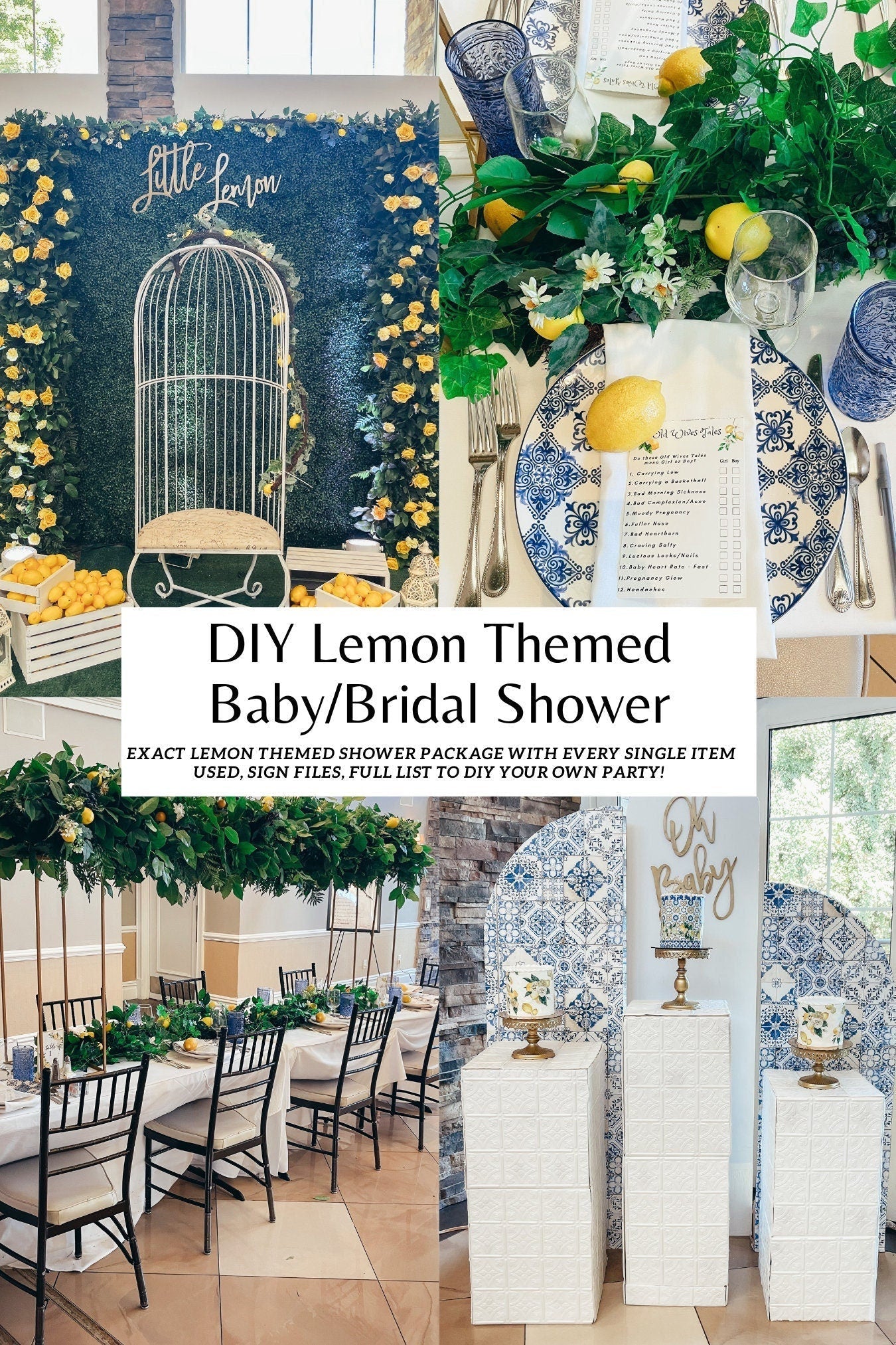 DIY lemon Italian themed baby shower decor guide cover with greenery backdrop and lemon table setting