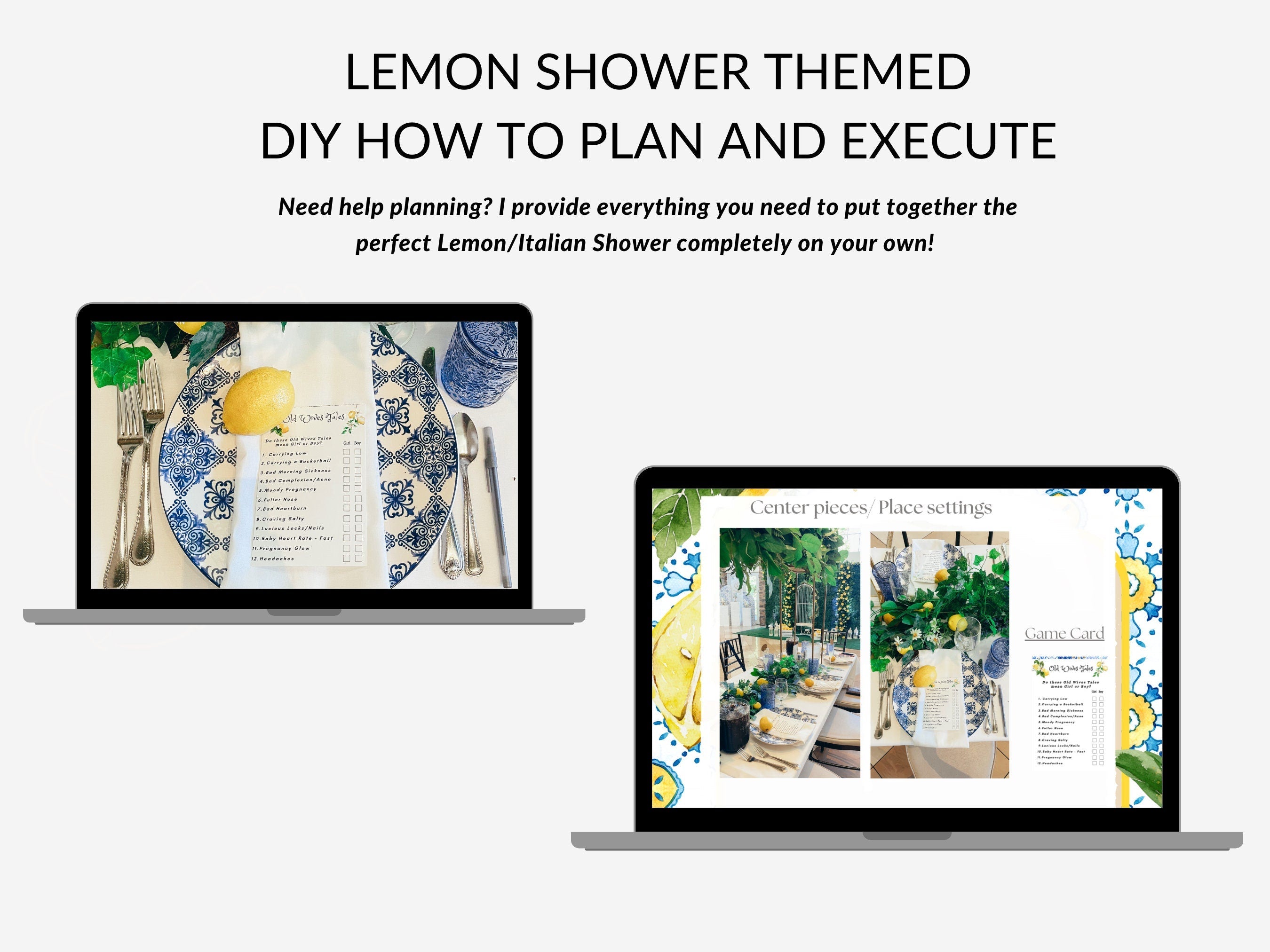 Laptop screen showing lemon themed shower PDF guide with templates