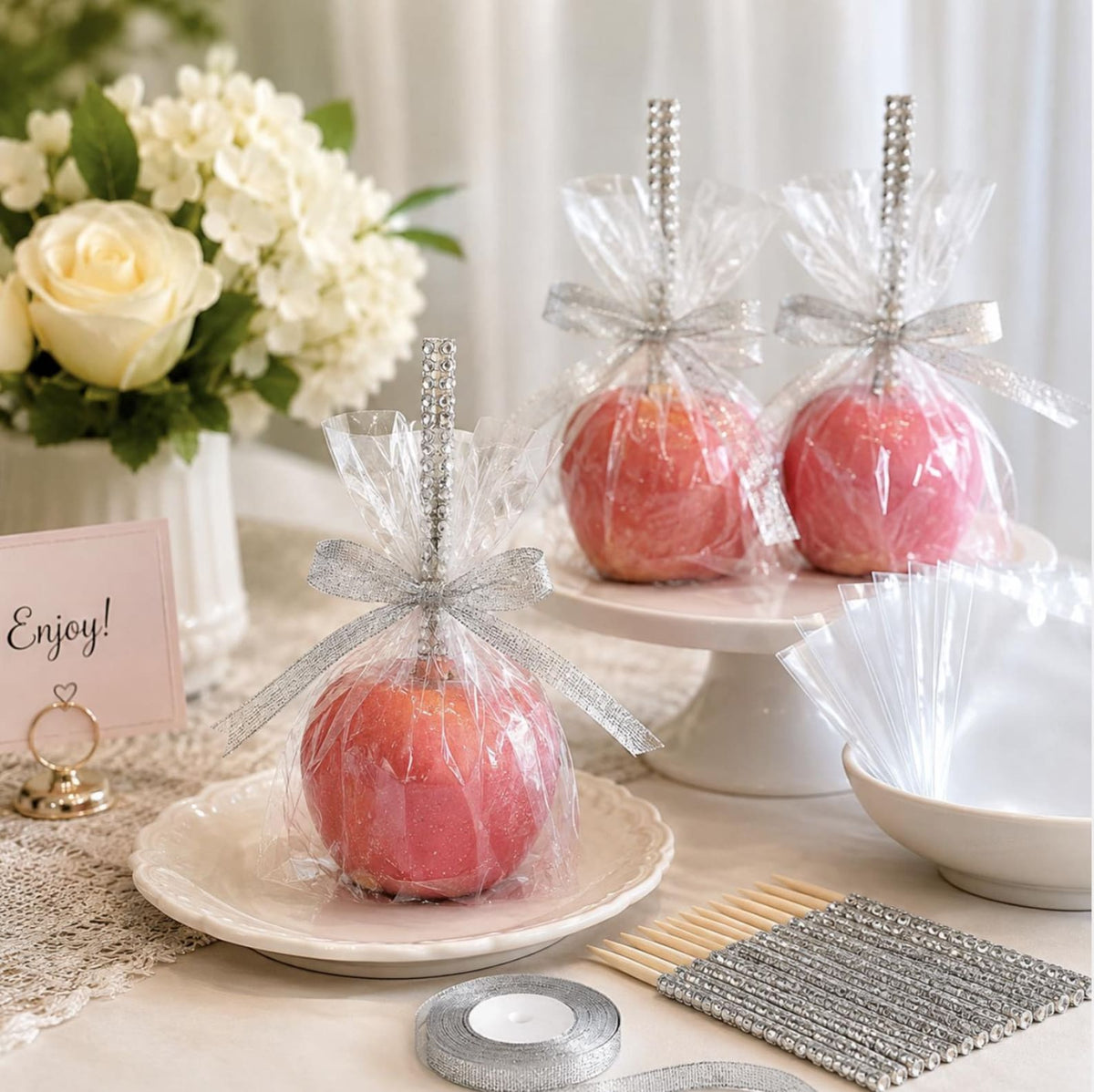 DIY candy apple making kit with bling sticks, ribbons and clear favor bags
