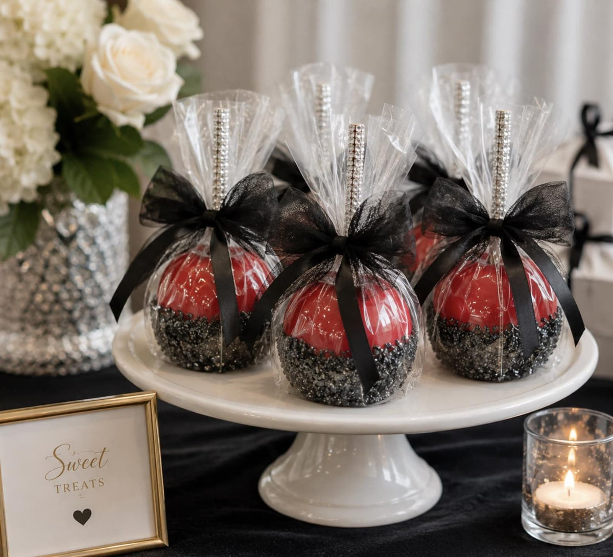 DIY caramel apple kit with sparkly skewers, ribbon and clear treat bags