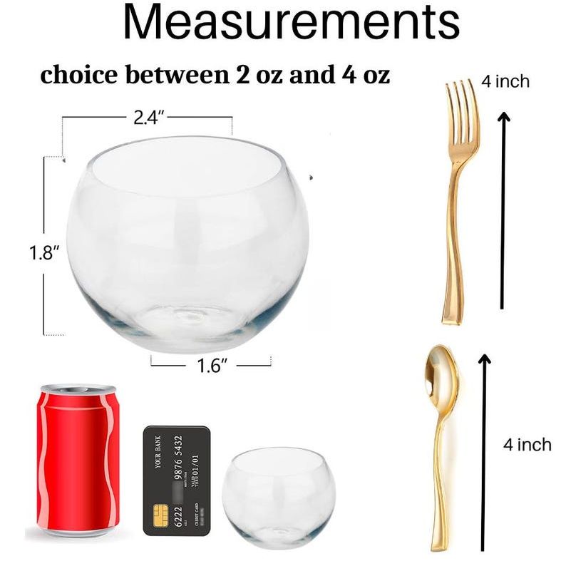 Measurement graphic for round acrylic dessert bowl and mini utensil scale