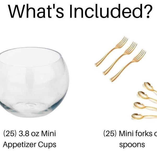 What’s included card showing round acrylic bowls with mini forks and mini spoons