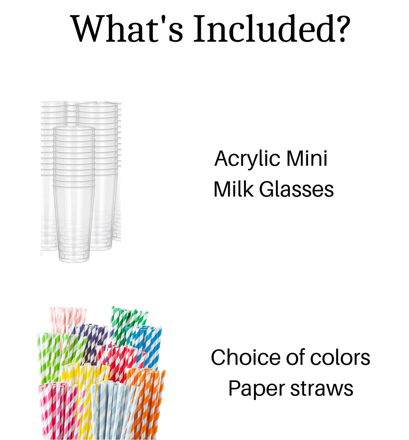 Tray of 3 oz clear acrylic dessert cups with milk and cookies and pink striped straws