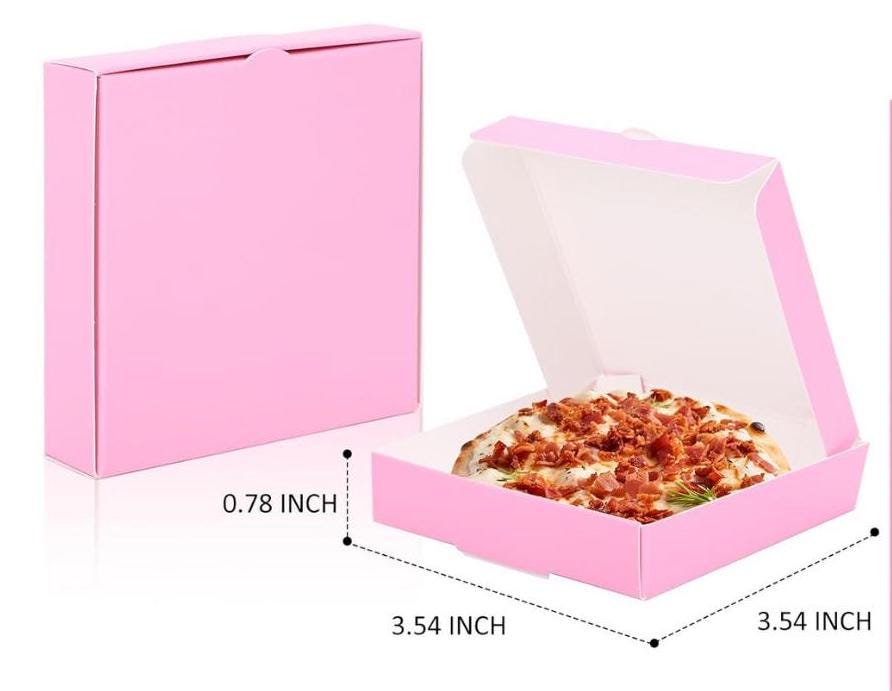 Open pink mini pizza box displaying dimensions 3.5"x3.54"x0.78", perfect for miniature pizza party favors and themed events.