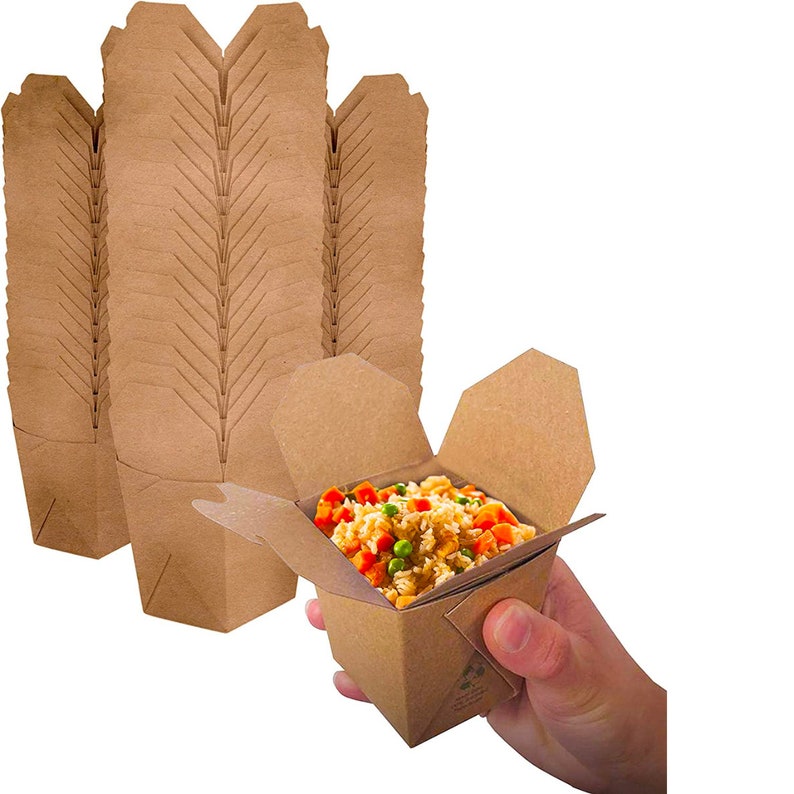 Disposable Chinese to-go boxes with wooden chopsticks for dumplings and noodles.