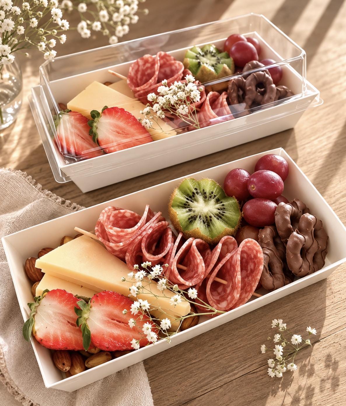Disposable Charcuterie Boxes with Clear Lids & Mini Wooden Forks – Individual Grazing Favor Boxes for Parties & Catering