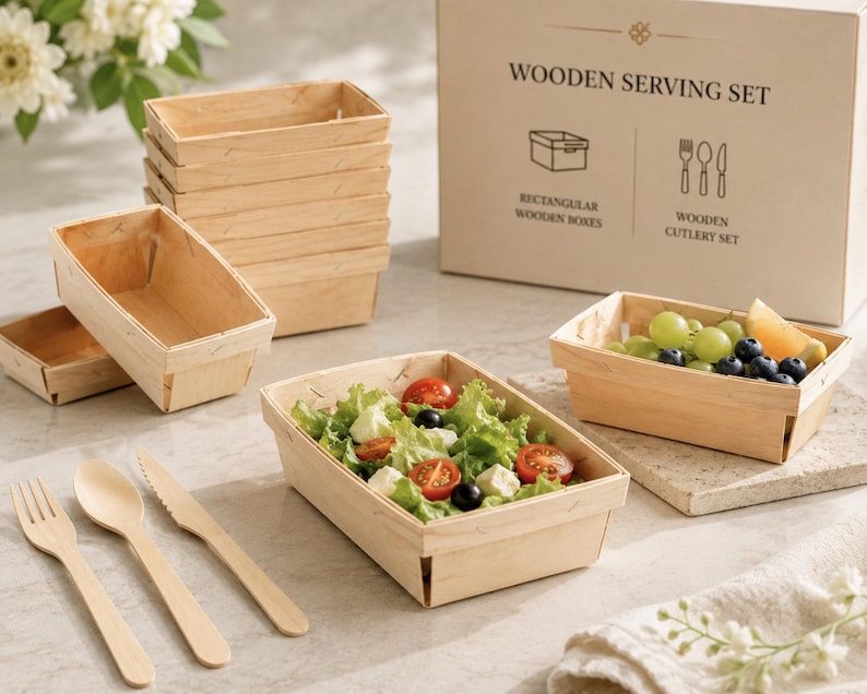 Disposable wooden charcuterie cups with various cheeses, meats, and crackers. Eco-friendly appetizer cones.