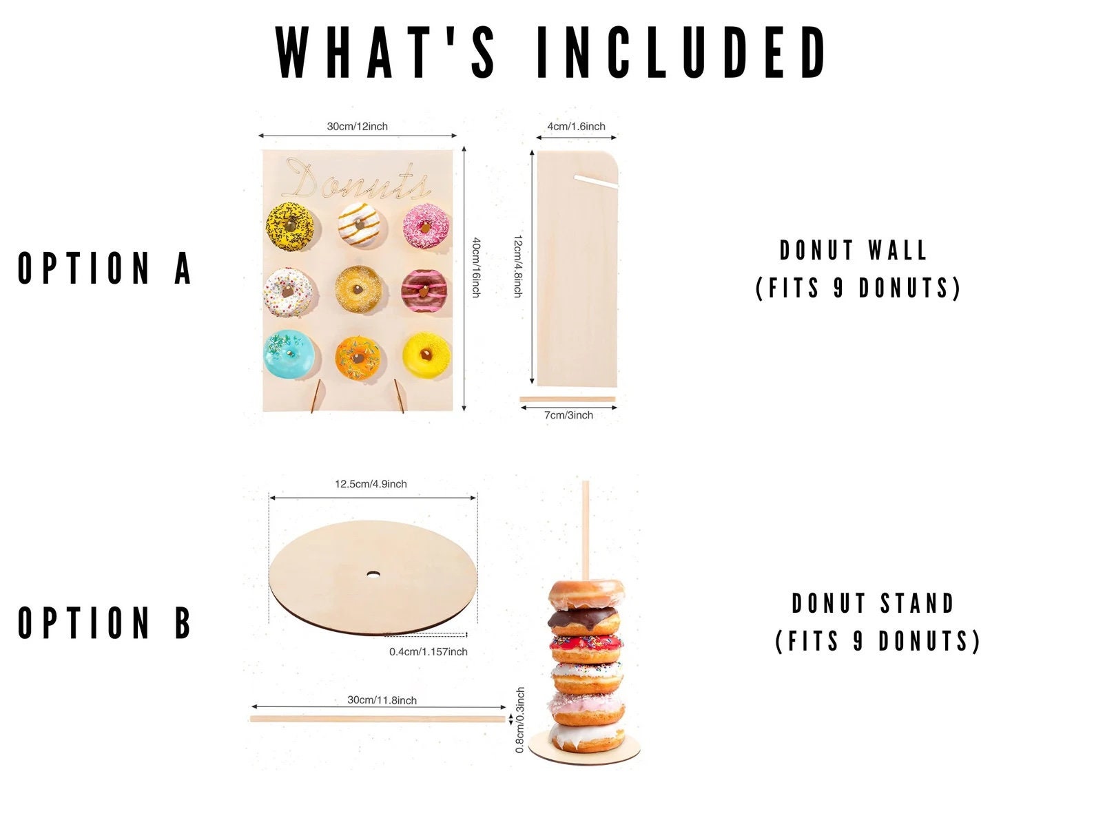 What’s included graphic showing Option A donut wall and Option B stacking donut stand