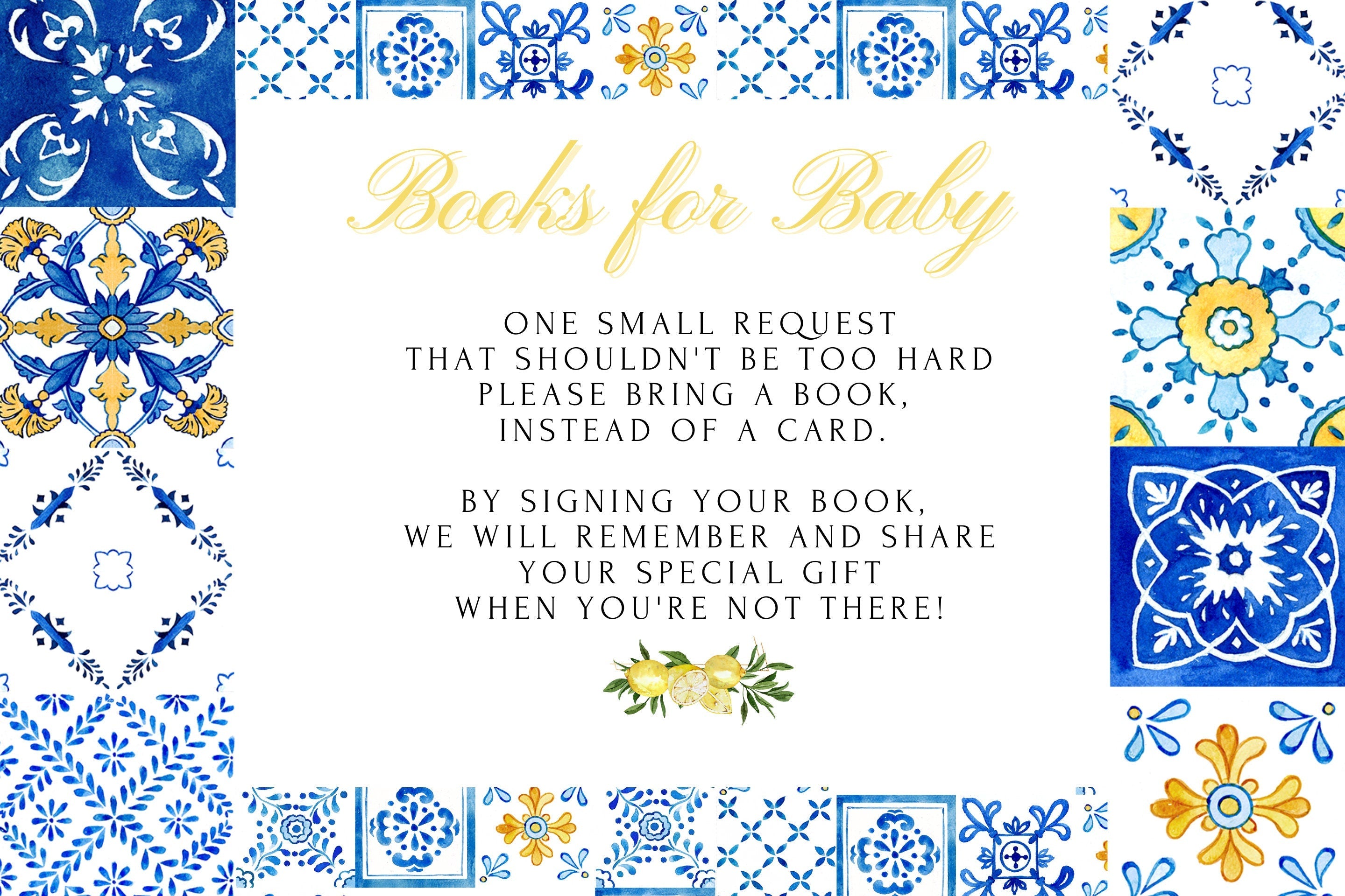 Printable Italian themed party favor sign template with lemon and tile design