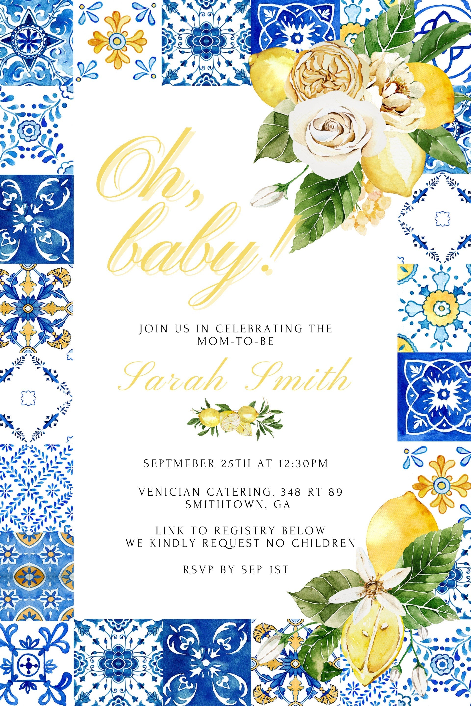 Editable lemon baby shower invitation Canva template with tile background