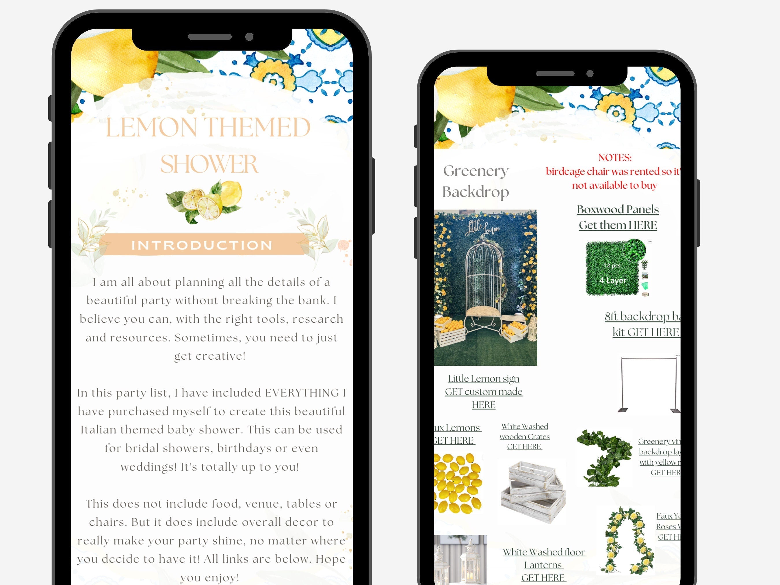 Editable lemon themed shower templates shown on mobile devices