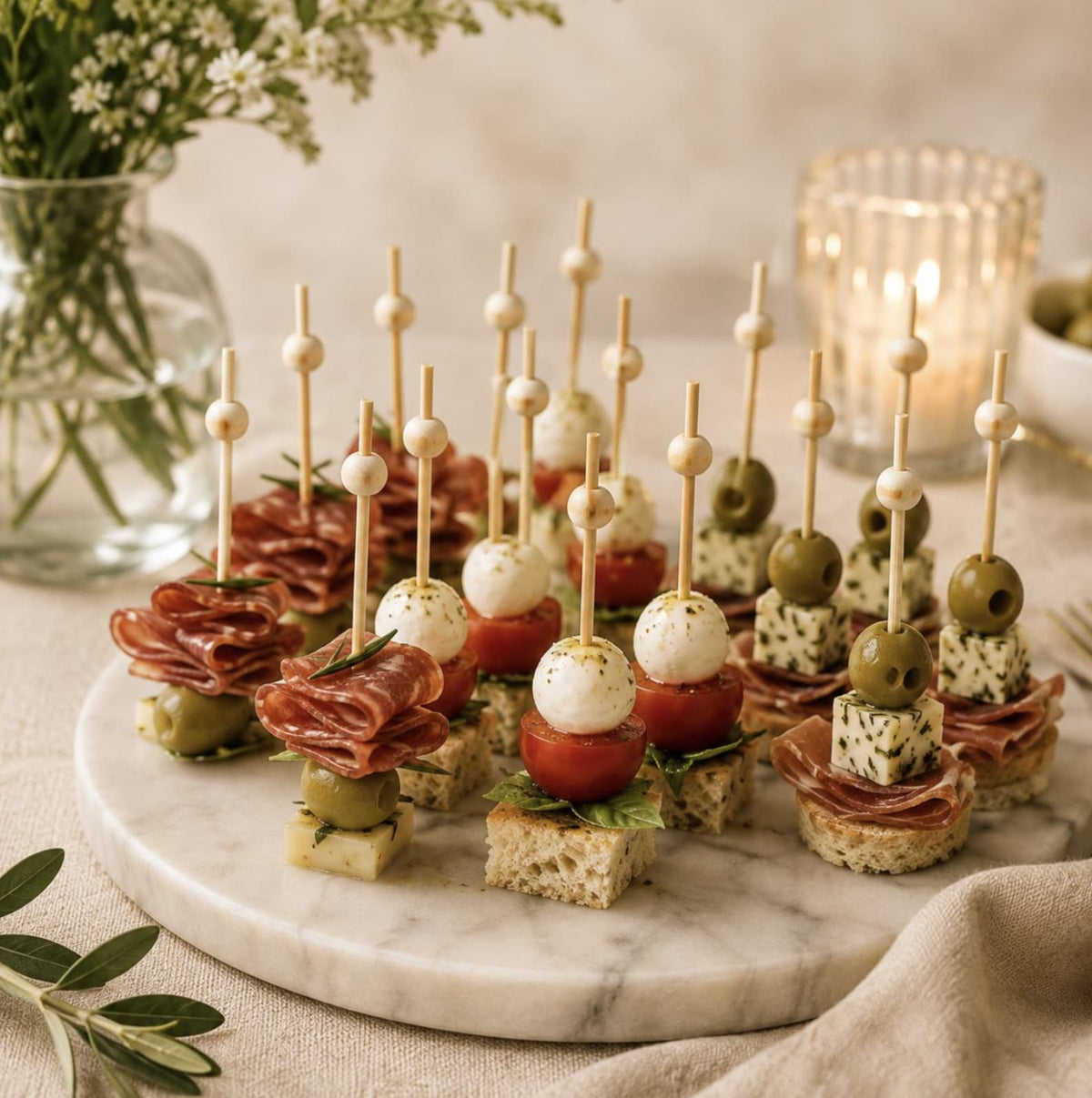 Stylish cocktail and appetizer toothpicks designed for charcuterie boards, grazing tables, and party food displays.