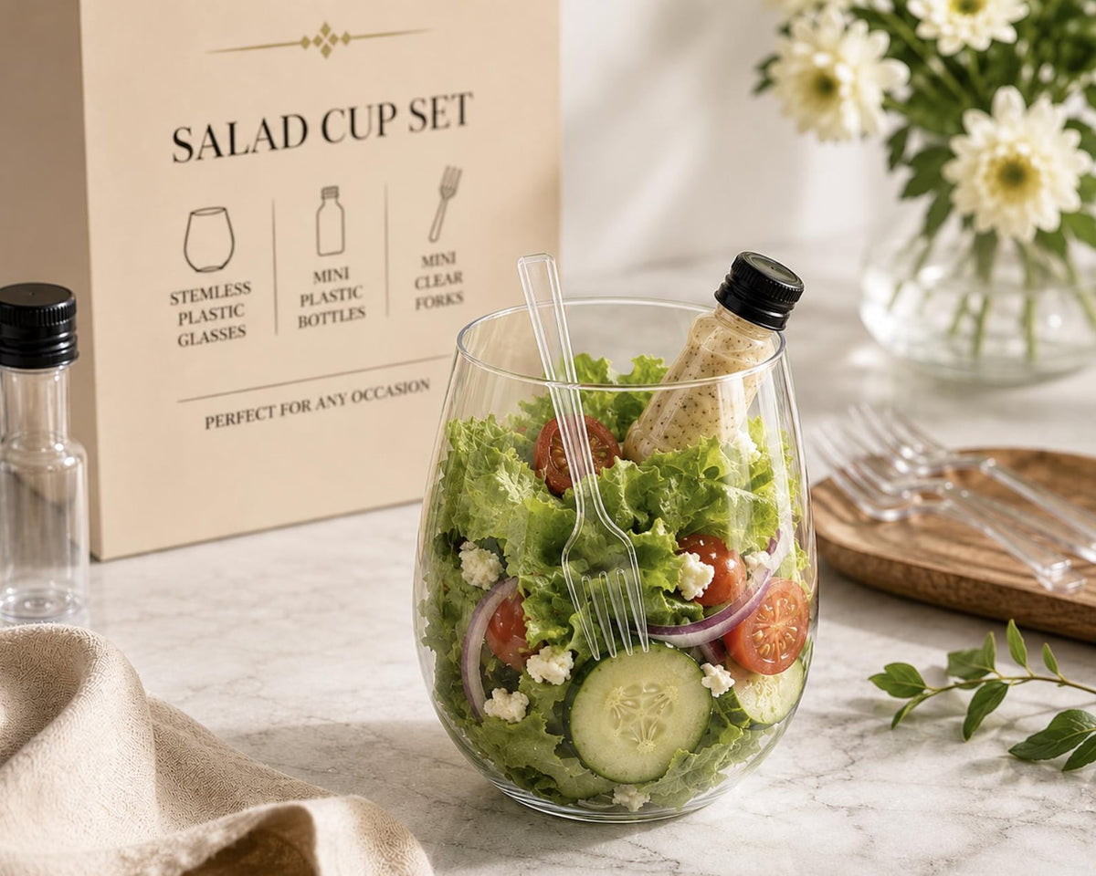 Acrylic Salad Cups with Mini Dressing Bottles & Forks - Set of 20 - Pretty Party Boxx